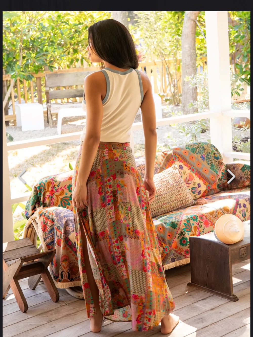 NATURAL LIFE Ginger Side Slit Maxi Skirt Orange Floral High-Slit Boho Patchwork